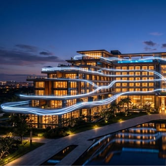 A modern luxury hotel illuminated at dusk with flowing streams of blue light weaving through the building, representing an intelligent network connecting the property.